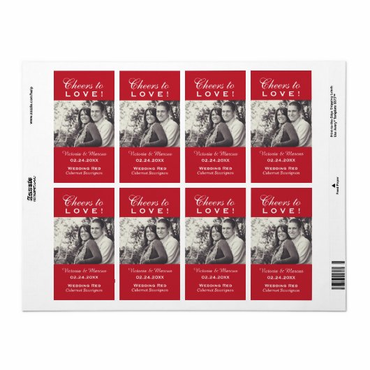 Rode Proost op Liefde Bruiloft Foto Wijnfles Etiket (Full Sheet)