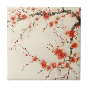 Rode pruimenbloesem aquarel - Oosterse bloemkunst Tegeltje