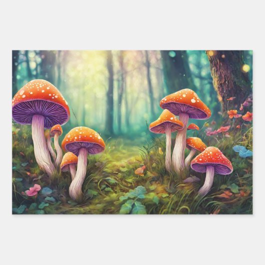 Rode psychedelische paddenstoelen in het bos inpakpapier vel (Voorkant)