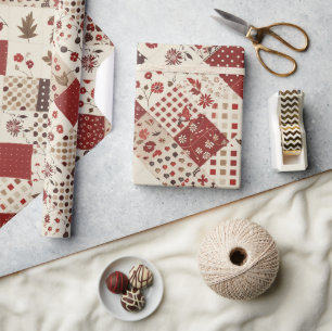 Rode Quilt Gingham Cottagecore Bloem Cadeaupapier