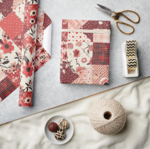 Rode Quilt Gingham Cottagecore Bloemen Cadeaupapier
