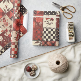 Rode Quilt Gingham Cottagecore Bloemig Cadeaupapier