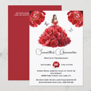 Rode Quinceañera balgons pioenroos bloemen Kaart