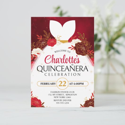 Rode Quinceanera Bloemen Witte Prinses Jurk Kaart (Staand voorkant)