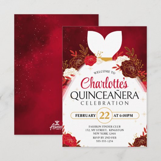 Rode Quinceanera Bloemen Witte Prinses Jurk Kaart (Voorkant / Achterkant)