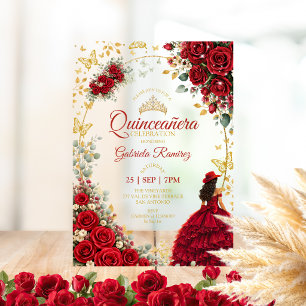 Rode Quinceañera Gouden Vlinders Rozen Acryl Uitnodigingen