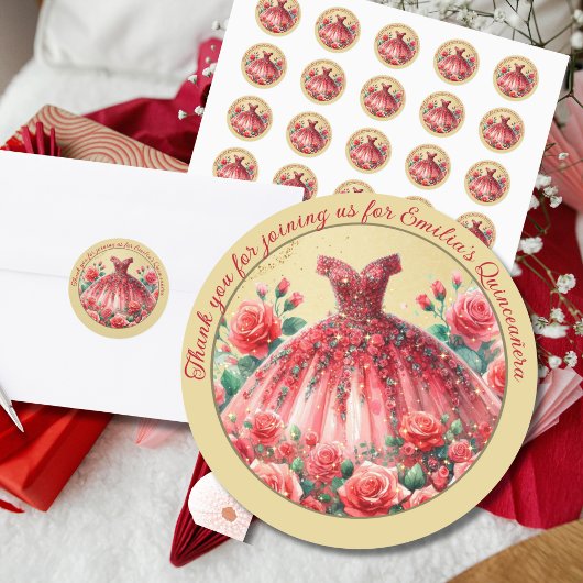 Rode quinceañera jurk dank u gunsten geschenken ronde sticker