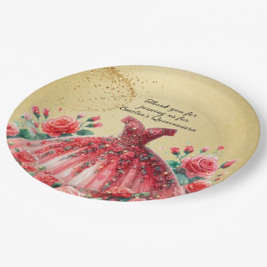 Rode Quinceañera-jurk Gouden Rozen Maatwerk Papieren Bordje (Gekanteld)