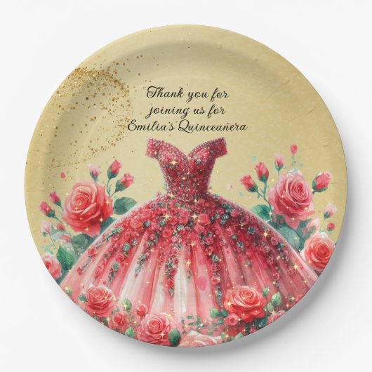 Rode Quinceañera-jurk Gouden Rozen Maatwerk Papieren Bordje (Voorkant)