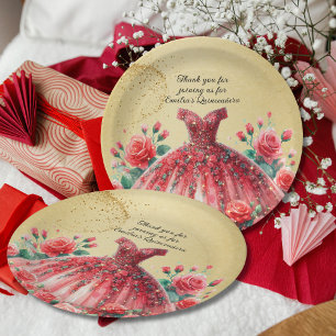 Rode Quinceañera-jurk Gouden Rozen Maatwerk Papieren Bordje