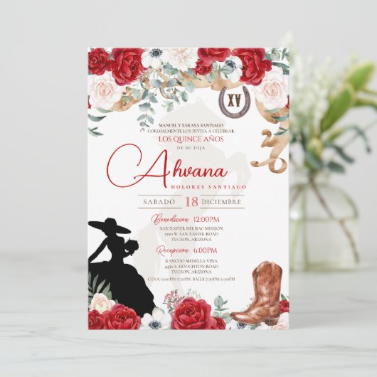 Rode Quinceanera Roos Anemoon Fancy Charra/Cowgirl Kaart (Staand voorkant)