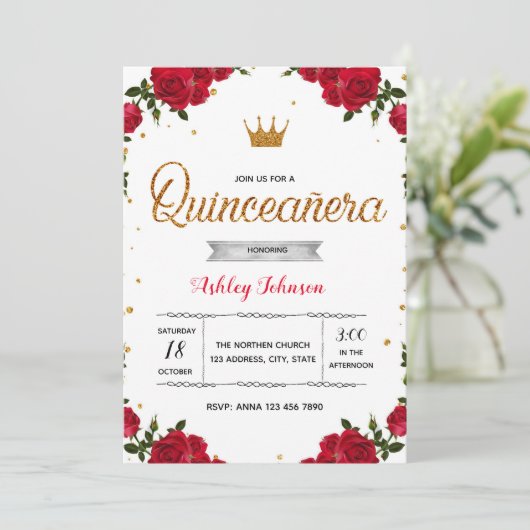 Rode quinceanera-uitnodiging kaart (Staand voorkant)