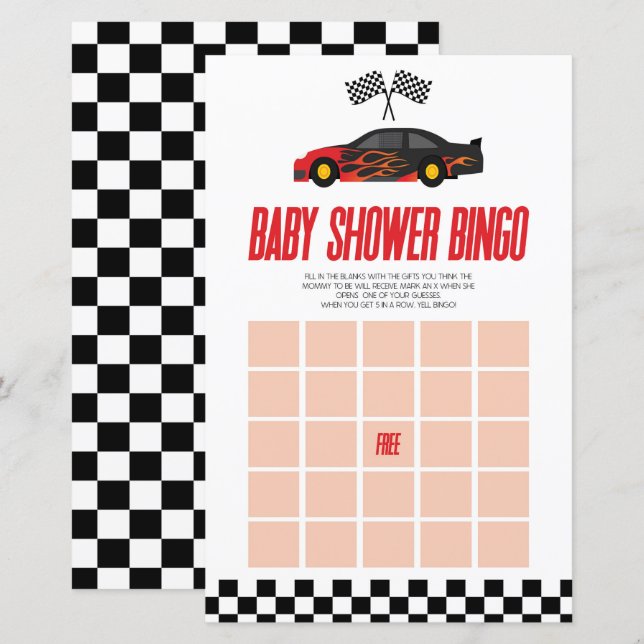 Rode Race Auto Bingo Baby Shower Spel (Voorkant / Achterkant)