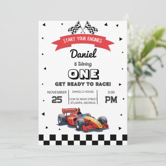 Rode Race Auto Custom Kids Verjaardag Party Uitnod Kaart (Staand voorkant)