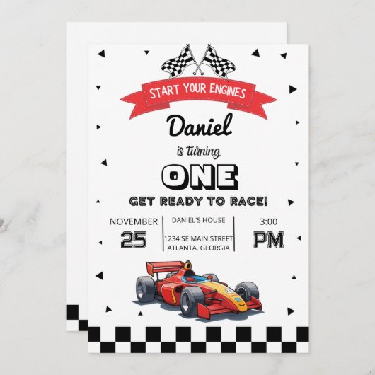 Rode Race Auto Custom Kids Verjaardag Party Uitnod Kaart (Voorkant / Achterkant)