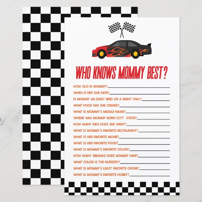 Rode Race auto die weet mama Baby shower spel (Voorkant / Achterkant)