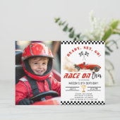 Rode Race Auto Elke Leeftijd Jongen Foto Verjaarda Kaart (Staand voorkant)