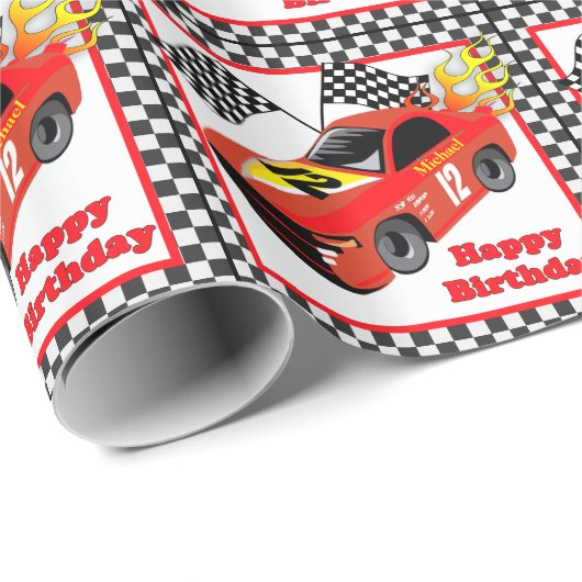 Rode Race Auto Gepersonaliseerde Verjaardagscadeau Cadeaupapier (Rol Hoek)