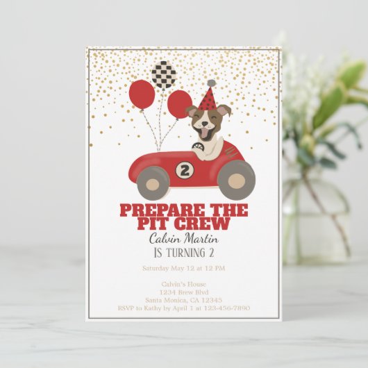 Rode Race Auto Hond Jongens Tweede Verjaardagsfees Kaart (Staand voorkant)