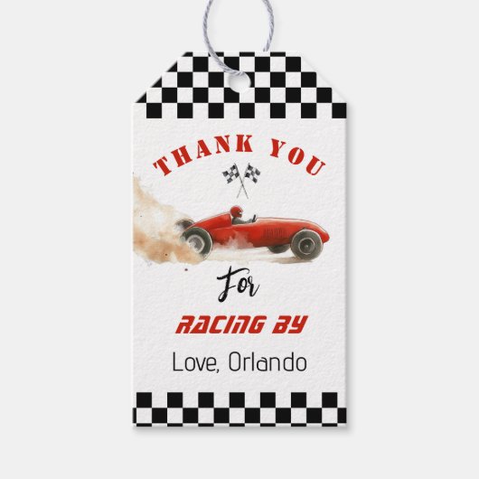Rode race auto jongen racen verjaardag bedankt cadeaulabel (Voorkant)