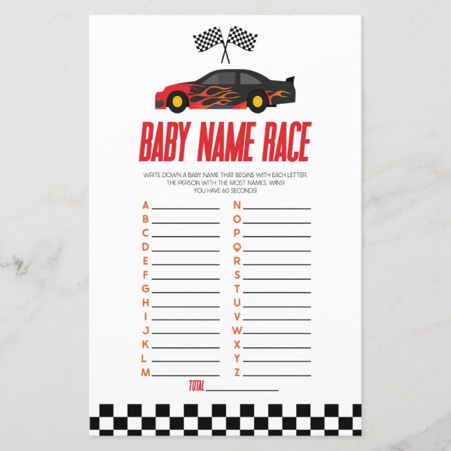 Rode Race Auto Naam Race Baby shower Spel (Voorkant)