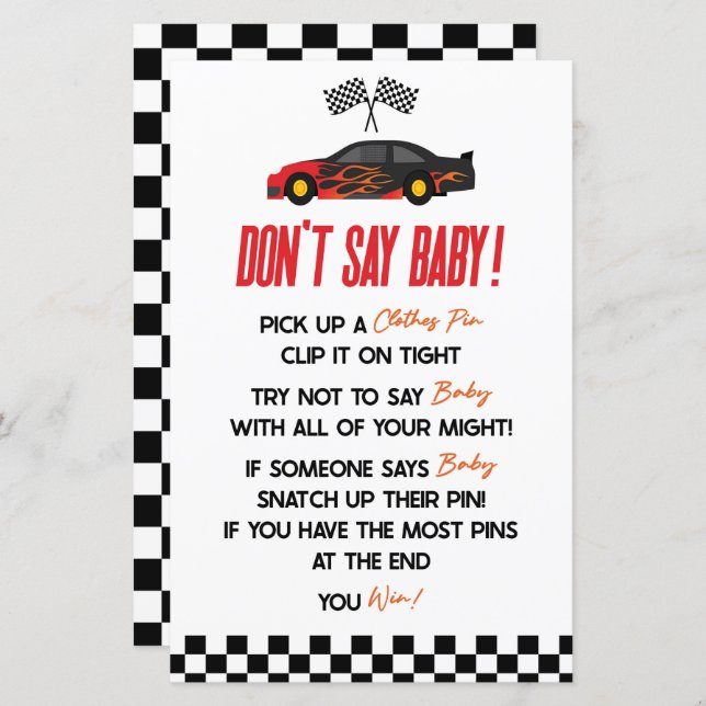 Rode Race Auto Niet zeggen Baby shower Spel (Voorkant / Achterkant)