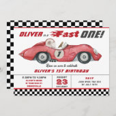 Rode Race Auto Snel Een 1e Eerste Verjaardagsfeest Kaart (Voorkant / Achterkant)