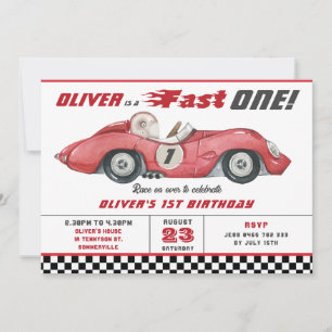 Rode Race Auto Snel Een 1e Eerste Verjaardagsfeest Kaart