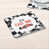 Rode Race Auto Snel Een 1e verjaardagsfeest Kartonnen Onderzetters (Schuin)