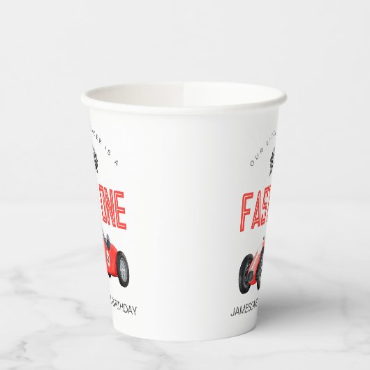 Rode Race Auto Snel Een 1e verjaardagsfeest Papieren Bekers (Links)