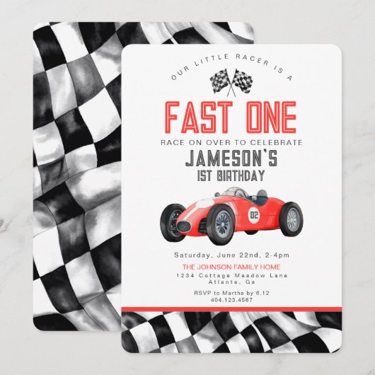 Rode Race Auto Snel Een 1e Verjaardagsfeest Uitnod (Voorkant / Achterkant)