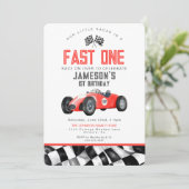 Rode Race Auto Snel Een 1e Verjaardagsfeest Uitnod (Staand voorkant)