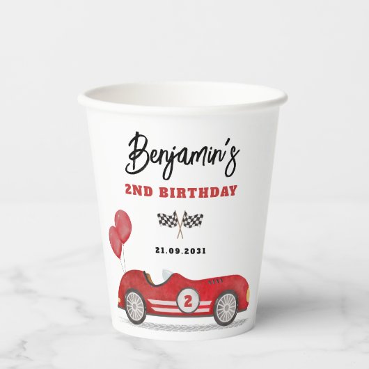  rode race auto twee snelle jongen verjaardagsfees papieren bekers (Voorkant)