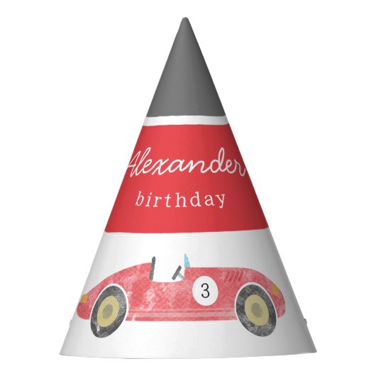 Rode race auto verjaardag feesthoedjes (Voorkant)