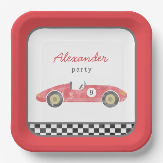 Rode race auto verjaardag papieren bordje (Voorkant)