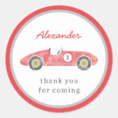 Rode race auto verjaardag ronde sticker (Voorkant)