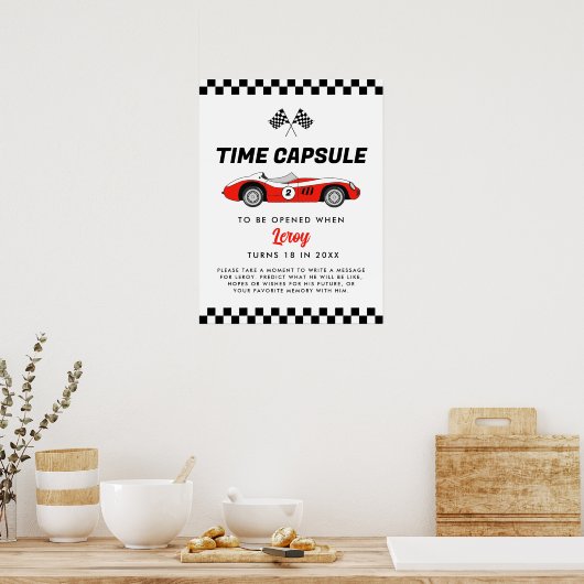 Rode  Race Auto Verjaardag Tijd Capsule Poster (Keuken)