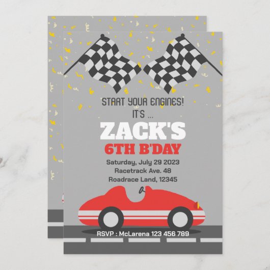 Rode Race auto Verjaardag uitnodiging (Voorkant / Achterkant)