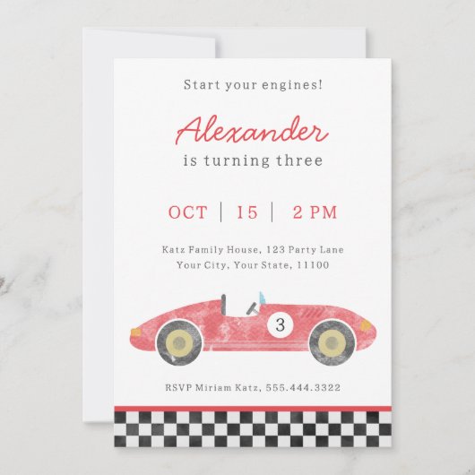 Rode race auto verjaardag uitnodiging (Voorkant)