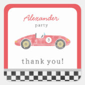 Rode race auto verjaardag vierkante sticker (Voorkant)