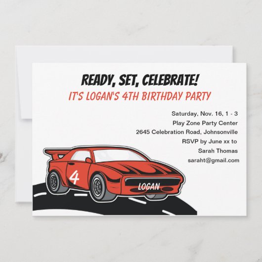 Rode Race Auto Verjaardagsfeestje voor Vier Jaar O Kaart (Voorkant)
