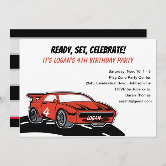 Rode Race Auto Verjaardagsfeestje voor Vier Jaar O Kaart (Voorkant / Achterkant)