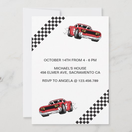 Rode Race auto Verjaardagsfeestuitnodiging Kaart (Achterkant)