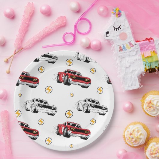 Rode Race auto Verjaardagsfeestuitnodiging Papieren Bordje (Feest)