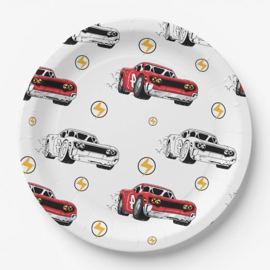 Rode Race auto Verjaardagsfeestuitnodiging Papieren Bordje (Voorkant)