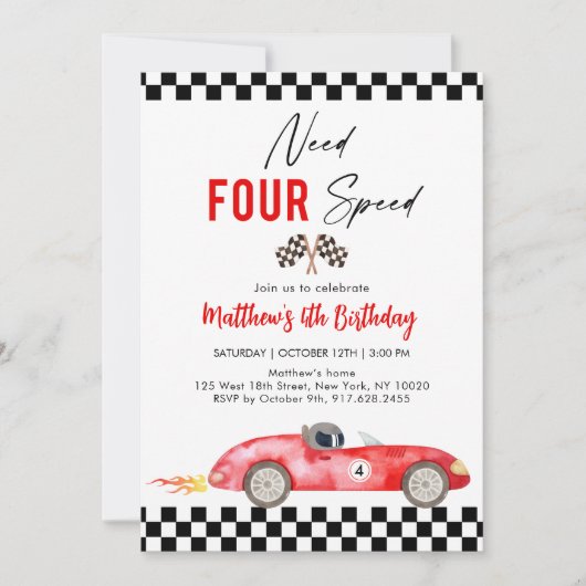 Rode Race Auto Vierde Verjaardag Kaart (Voorkant)