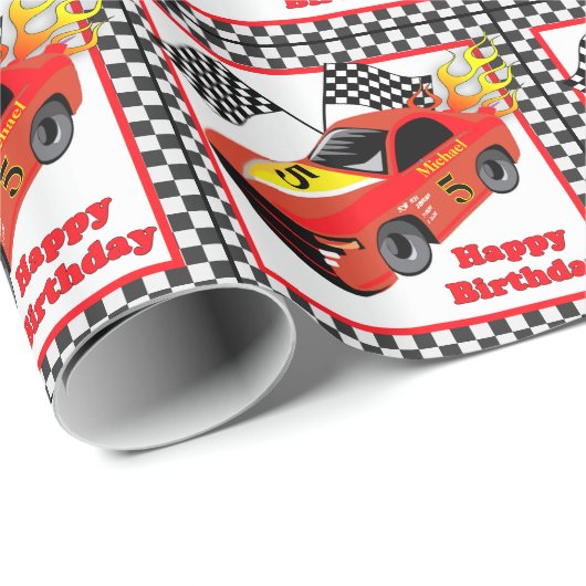 Rode Race Auto Zwart Check Personaliseren Cadeaupapier (Rol Hoek)