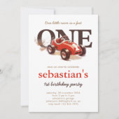 rode raceauto 1e verjaardagsuitnodiging kaart (Voorkant)