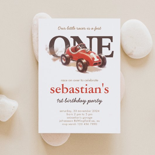 rode raceauto 1e verjaardagsuitnodiging kaart