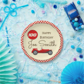  rode raceauto en vlaggen 100 jaar papieren bordje (Feest)